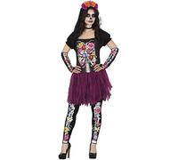 FIESTAS GUIRCA Déguisement de squelette avec fleurs Jour des morts comprenant robe, manches et leggings pour Halloween pour femme Taille 36-38 S
