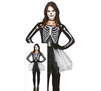 FIESTAS GUIRCA Déguisement Femme Squelette - Robe avec Imprimé Squelette 3D et Tutu Noir et Blanc - Costumes d'Halloween pour Femmes Taille Ados 14-16 Ans