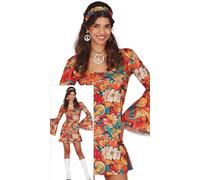FIESTAS GUIRCA Déguisement Flower Power Femme - Robe Hippie Courte Années 70 avec Motif Fleur et Bandeau Hippie - Déguisement Disco Années 60 pour Femme Taille S