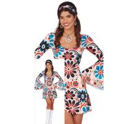 FIESTAS GUIRCA Déguisement Hippie Fleur Femme - Robe Hippie Courte Années 70 avec Motif Fleur et Bandeau Hippie - Déguisement Disco Années 60 pour Femme Taille M