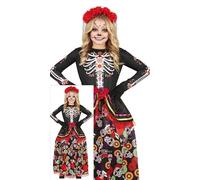 Fiestas Guirca Déguisement La Catrina – Robe longue élégante et bandeau avec fleurs 5-6 ans
