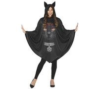 FIESTAS GUIRCA Déguisement Poncho Noir avec Sorcière Imprimé Chat Noir pour Femme Adulte Taille Unique