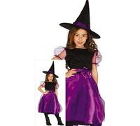 FIESTAS GUIRCA | Déguisement Sorcière Fillette - Robe - Violet 3-4 ans | Set 2 Pièces | Chapeau Pointu Décoré | Manches Bouffantes | Taille 109 cm | Polyester Léger | Halloween, Carnaval, Fête