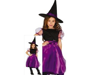 FIESTAS GUIRCA | Déguisement Sorcière Fillette - Robe - Violet 3-4 ans | Set 2 Pièces | Chapeau Pointu Décoré | Manches Bouffantes | Taille 109 cm | Polyester Léger | Halloween, Carnaval, Fête