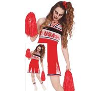 FIESTAS GUIRCA Déguisement Go USA de pom-pom girl zombie pour femme - Uniforme de pom-pom girl de lycée rouge sanglant et blanc - Costumes d'Halloween pour femme et adolescentes de 14 à 16 ans