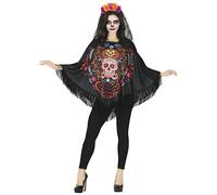 FIESTAS GUIRCA Jour des Morts Poncho - Poncho Crânes Noirs et Fleurs - Déguisement d'Halloween Femme Taille 38-40 M
