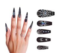 FIESTAS GUIRCA Lot de 12 faux ongles longs avec adhésif pour déguisement d'horreur gothique pour Halloween et fête de sorcière Noir