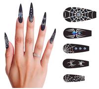 FIESTAS GUIRCA Lot de 12 faux ongles longs avec adhésif pour déguisement d'horreur gothique pour Halloween et fête de sorcière Noir