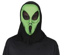 FIESTAS GUIRCA | Masque Alien pour Déguisement Adulte - Vert Métallisé | Effet SF | Recouvre Visage | Capuche Noire Incluse | PVC Léger | Vision Filet | Halloween, Carnaval, Soirées