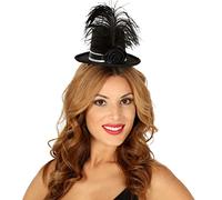 Fiestas Guirca Mini Chapeau Haut de Forme Brillant Noir avec Rose et Plume Femme - Noir - Taille Unique