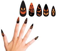 FIESTAS GUIRCA | Ongles Citrouille avec Bijoux pour Halloween (Set de 12 Ongles avec Colle) - Décoration d'Ongles pour Fêtes Costumées et Célébrations - Noir et Orange