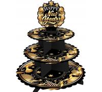 FIESTAS GUIRCA | Plateau 3 Étages Happy New Year (40x30 cm) - Décoration de Table pour Fêtes de Fin d'Année et Célébrations - Idéal pour Noël et Nouvel An - Noir Or