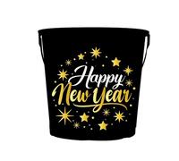 FIESTAS GUIRCA | Seau Métallique Happy New Year Réutilisable (19x23 cm) - Décoration de Table pour Fêtes de Nouvel An - Idéal pour Festivités - Noir