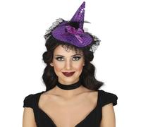 FIESTAS GUIRCA | Serre-Tête Chapeau de Sorcière pour Femme - Violet | Accessoire Original | Damier Scintillant | Voilette Dentelle | Fleurs, Plumes | Polyester, PVC | Halloween, Carnaval