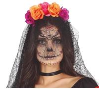 Fiestas GUiRCA Serre-tête de Fleurs de Catrina avec Voile