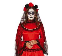 FIESTAS GUIRCA Serre-tête fleurs noires et rouges avec voile
