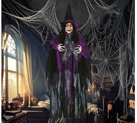 FIESTAS GUIRCA | Suspension Sorcière avec Lumière et Son (120 cm) - Décoration d'Halloween pour Fêtes et Célébrations - Idéal pour Ambiances Terrifiantes et Scénarios de Peur - Gris et Noir