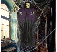 FIESTAS GUIRCA | Suspension Squelette avec Tunique Noire et Violette (90 cm) - Décoration d'Halloween pour Fêtes de Terreur et Célébrations de Squelettes - Idéal pour Ambiances Effrayantes - Noir