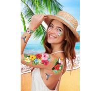 FIESTAS GUIRCA | Tatouages Hawaï - Fleurs et Oiseaux Tropicaux | Adhésifs Faciles À Poser | Multicolore | Motifs Exotiques | Adhésif | 14x30 cm | Carnaval, Festivals, Été