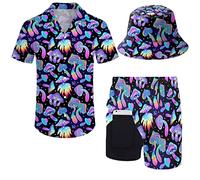 fifbird Ensemble chemise et short des années 80 et 90 pour homme avec chapeau cloche, Champignons magiques psychédéliques colorés, XL