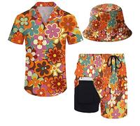 fifbird Ensemble chemise et short des années 80 et 90 pour homme avec chapeau cloche, Motif floral hippie des années 70, L