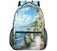 fifbird Grand sac à dos unisexe avec compartiment pour ordinateur portable, pour le travail, les voyages et l'école, le collège, Villa côtière de couleur, taille unique