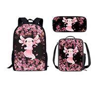 fifbird Lot de 3 sacs à dos/trousse à crayons/sac à déjeuner avec impression 3D pour garçons et filles, Axolotl Cerise, taille unique