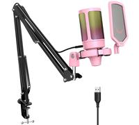 FIFINE Kit de microphone de jeu USB pour PC, ensemble de micro cardioïde à condensateur PS4/5 avec bouton muet/rvb/support de bras, pour diffuser vidéo-A6T (Rose)