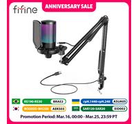 FIFINE Kit de microphone de jeu USB pour PC, ensemble de micro cardioïde à condensateur PS4/5 avec bouton muet/rvb/support de bras, pour diffuser vidéo-A6T Rose