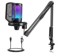 FIFINE USB Typ-A/C Micro Gaming avec Bras pour PC PS4 PS5, Condensateur Microphone pour Streaming Podcast Studio, avec Bouton de Silence, Fixation Antichoc, Support Micro, Filtre Anti-Pop, RGB