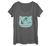 Fifth Sun Visage de Bulbasaur T-Shirt, Anthracite, M Femme