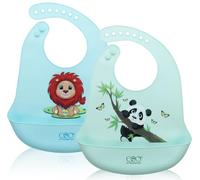 FIFTYSEVENFACES Lot de 2 bavoirs en silicone imperméables avec poche pour bébé, sans BPA, bavettes souples et réglables en 7 positions, lavables