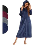 Figarge Peignoir de bain pour femmes et hommes avec fermeture éclair et capuche, long peignoir de bain avec poches frontales, peignoir de sauna en flanelle, bleu marine, XL