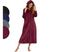 Figarge Peignoir long en flanelle pour homme et femme avec fermeture éclair et capuche, poches avant, peignoir de sauna, bordeaux, L