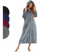 Figarge Peignoir long en flanelle pour homme et femme avec fermeture éclair et capuche, poches avant, peignoir de sauna, gris foncé, L