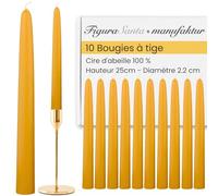 Figura Santa® Lot de 10 bougies à tige en cire d'abeille 100 % cire d'abeille de qualité supérieure - Bougies de table - Bougies pointues - Bougies de chandelier - Hauteur : 25 cm - Diamètre : 22 mm