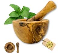 Figura Santa -Mortier & Pilon en bois d'olivier ROTONDA- Set mortier en bois d'olivier mortier en bois robuste mortier pour herbes et épices en bois - grain fin H 6cm x Ø10 cm pilon L 12,5cm