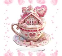 Figuras de la casa de la taza de café del día de San Valentín, estatua de la casa de la taza de café del corazón rosa Taza de chocolat caliente con forma de corazón rose, decoración del día de San Va
