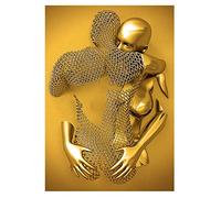 Figure Statue 3D Wall Art Decor, Gold/Gray Abstract Steel Wire Metal Figure Sculpture Couple Embrace Hanging Painting, Romantic Couple Canvas wall art for Living Room, Modern Wall Art(GoldB,40cm)