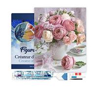 Figured’Art Diamond Painting Broderie Diamant 40x50cm Avec Cadre Toile Tendue Strass Perles Carrés - Bouquet de Roses - Kit Complet 5D DIY Activité Manuelle Loisirs Créatifs Adultes