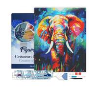 Figured’Art Diamond Painting Broderie Diamant 40x50cm Avec Cadre Toile Tendue Strass Perles Carrés - Éléphant Coloré Abstrait - Kit Complet 5D DIY Activité Manuelle Loisirs Créatifs Adultes