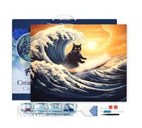 Figured’Art Diamond Painting Broderie Diamant 40x50cm Avec Cadre Toile Tendue Strass Perles Carrés - La Grande Vague du Chat Noir - Kit Complet 5D DIY Activité Manuelle Loisirs Créatifs Adultes
