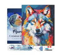 Figured’Art Diamond Painting Broderie Diamant 40x50cm Avec Cadre Toile Tendue Strass Perles Carrés - Loup Coloré Abstrait - Kit Complet 5D DIY Activité Manuelle Loisirs Créatifs Adultes