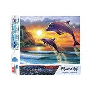 Figured’Art Diamond Painting Broderie Diamant 40x50cm Toile Entière Roulée avec Strass Perles Carrés - Dauphins au lever du Soleil - Kit Complet Paysage 5D DIY Activité Manuelle Loisirs Créatifs