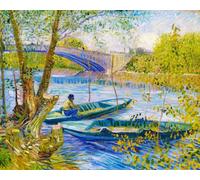 Figured'Art Broderie Point de Croix Kit Complet Estampé 32x40cm - La pêche au Printemps, Pont de Clichy - Van Gogh - Toile Aida 11 CT - Parfait pour Adultes et Débutantes