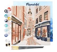 Figured'Art Mini Peinture par Numéro Adulte 20x20cm avec cadre Allée de Noël Enneigée - Petit Format Kit de Loisir Créatif DIY Numéro d'Art Complet
