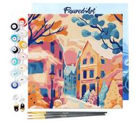 Figured'Art Mini Peinture par Numéro Adulte 20x20cm avec cadre Belle ville enneigée - Petit Format Kit de Loisir Créatif DIY Numéro d'Art Complet