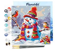Figured'Art Mini Peinture par Numéro Adulte 20x20cm avec cadre Bonhomme de Neige et les Oiseaux - Petit Format Kit de Loisir Créatif DIY Numéro d'Art Complet