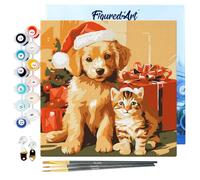Figured'Art Mini Peinture par Numéro Adulte 20x20cm avec cadre Chat et Chien de Noël - Petit Format Kit de Loisir Créatif DIY Numéro d'Art Complet