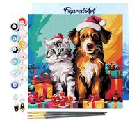 Figured'Art Mini Peinture par Numéro Adulte 20x20cm avec cadre Chat et Chien Festifs - Petit Format Kit de Loisir Créatif DIY Numéro d'Art Complet